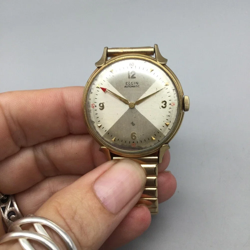Vintage Elgin 607 Automatic Mens Watch 34mm 10K Gold Filled Case Stretch Band
